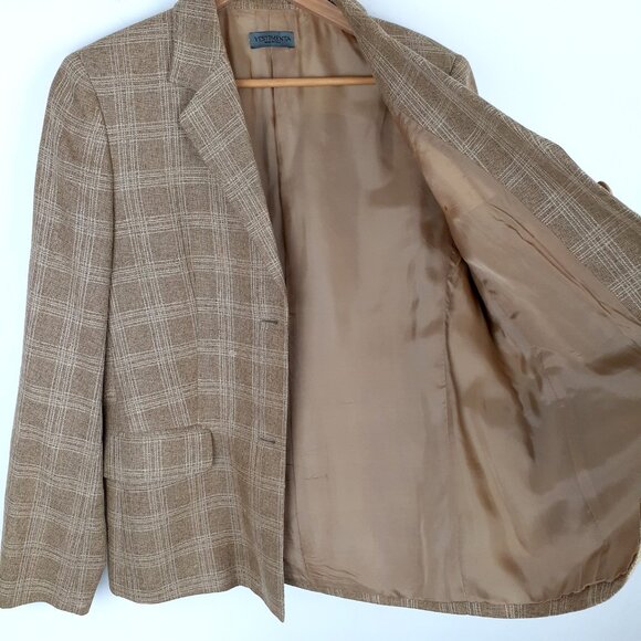 Made in Italy Linen Wool Blend Blazer, Size M. Brown Tan Mocha Plaid Vintage - Picture 14 of 14